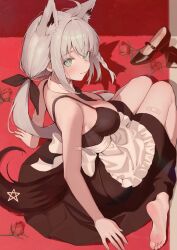 1girl ahoge alternate_costume animal_ear_fluff animal_ears apron aqua_eyes arm_support back_bow bandaid bandaid_on_arm bandaid_on_thigh barefoot black_bow black_bowtie black_dress bow bowtie braid breasts cleavage commentary_request detached_collar dress enmaided feet flower fox_ears fox_girl fox_tail frilled_apron frills from_above high_heels hololive light_smile long_hair looking_at_viewer looking_up low-tied_long_hair maid no_shoes red_flower red_rose rose sharc shirakami_fubuki shoes side_braid single_braid sitting sleeveless sleeveless_dress soles solo tail toes unworn_shoes virtual_youtuber waist_apron wariza white_hair