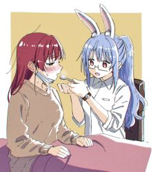 2girls animal_ears bad_id bad_twitter_id blue_hair blush chair cold_pack commentary_request dress_shirt feeding fever highres holding holding_spoon hololive homura_(hmr0222) houshou_marine long_hair long_sleeves mask mask_pull mouth_mask multiple_girls open_mouth rabbit_ears red_eyes red_hair shirt sick sitting spoon surgical_mask usada_pekora virtual_youtuber watch white_shirt wristwatch