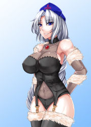 1girl alternate_costume ashima_takumi bare_shoulders black_panties blue_eyes boots braid breasts cosplay cowboy_shot female_focus freia_kagami freia_kagami_(cosplay) fur_trim garter_straps hat large_breasts long_hair nurse_cap panties parted_lips silver_hair simple_background single_braid smile solo thigh_boots thighhighs touhou underwear wrestle_angels wrestle_angels_survivor wrestling_outfit xeqj yagokoro_eirin