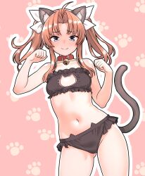1girl absurdres ahoge animal_collar animal_ears bell bikini black_bikini blush bow breasts brown_hair cat_bikini cat_cutout cat_ears cat_tail clothing_cutout collar commentary_request curvy embarrassed facing_viewer fake_tail flat_chest frilled_bikini frills full-face_blush furaggu_(frag_0416) hair_bow hands_up highres kagerou_(kancolle) kantai_collection looking_at_viewer narrow_waist navel neck_bell paw_pose paw_print paw_print_background pink_background red_collar revealing_clothes seductress shy small_breasts solo standing stomach swimsuit tail thighs twintails variant_set white_bow