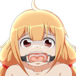 Rule 34 | 10s, 1girl, cum, cum on body, cum on upper body, cupala (8492ace), eyebrows, facial, female focus, futaba anzu, highres, idolmaster, idolmaster cinderella girls, long hair, shadow, simple background, solo, tongue, twintails, upper body, watery eyes, white background