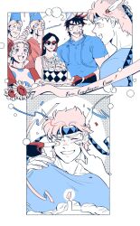 Rule 34 | bandana, battle tendency, birthday, birthday cake, birthday party, caesar anthonio zeppeli, cake, candle, confetti, fez hat, fingerless gloves, food, gloves, hakmonss, happy birthday, hat, highres, holding, holding party popper, jojo no kimyou na bouken, joseph joestar, joseph joestar (young), lisa lisa, loggins (jojo), messina (jojo), muted color, party, party hat, party horn, party popper, polka dot, red stone of aja, sunglasses, suzi q