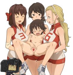 4girls bar_censor breasts camera censored clothes_lift femdom girls_und_panzer isobe_noriko kawanishi_shinobu kondou_taeko multiple_girls nipples nude pussy recording sasaki_akebi short_hair simple_background small_breasts smile spread_legs spread_pussy tenchisouha yuri