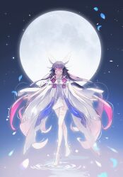 1girl absurdres black_hair closed_eyes columbina_(genshin_impact) dress feathered_wings full_body full_moon genshin_impact head_wings highres layered_dress long_hair moon multicolored_hair pink_hair ripples solo standing two-tone_hair very_long_hair wennchu white_dress white_wings wings