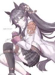 1girl animal_ears belt black_gloves black_hair black_skirt black_thighhighs blush brown_belt brown_eyes closed_mouth dated feet_out_of_frame fingerless_gloves gloves hair_between_eyes highres horse_ears horse_girl horse_tail jacket light_smile long_hair long_sleeves looking_at_viewer narita_brian_(umamusume) o_(_oomua) pleated_skirt ponytail signature simple_background single_thighhigh skirt solo tail thighhighs umamusume very_long_hair white_background white_jacket wide_sleeves