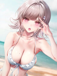Rule 34 | 1girl, absurdres, arm up, bare arms, beach, bikini, blurry, blurry background, breasts, cleavage, collarbone, commentary, danganronpa (series), danganronpa 2: goodbye despair, frilled bikini, frills, grey hair, grey sky, halterneck, highres, junpaku karen, large breasts, looking at viewer, medium hair, mole, mole on breast, nanami chiaki, navel, ocean, open mouth, outdoors, pink eyes, pink hair, salute, short hair, skindentation, sky, solo, spaceship hair ornament, stomach, swimsuit, teeth, upper body, upper teeth only, white bikini