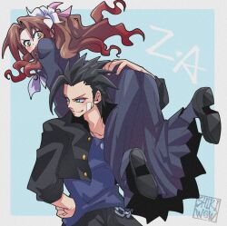 1boy 1girl aerith_gainsborough aerith_gainsborough_(midgard_seventh_high_school) bandaid bandaid_on_cheek bandaid_on_face belt_chain black_hair black_jacket black_pants black_shoes blue_eyes blue_serafuku blue_skirt blush bow brown_hair carrying_over_shoulder closed_mouth commentary_request cropped_jacket delinquent final_fantasy final_fantasy_vii final_fantasy_vii_ever_crisis full_body gakuran green_eyes hair_ribbon hair_slicked_back hand_on_own_hip high_ponytail jacket jewelry long_hair long_skirt looking_at_another looking_to_the_side neckerchief necklace official_alternate_costume open_clothes open_jacket open_mouth outside_border pants parted_bangs pink_ribbon pleated_skirt ponytail ribbon school_uniform serafuku shikiwo shirt shoes short_hair skirt smile spiked_hair sukeban upper_body white_neckerchief zack_fair zack_fair_(midgard_seventh_high_school)