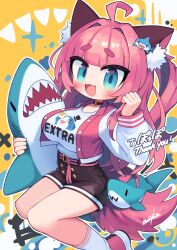 1girl :3 ahoge animal_ear_fluff animal_ears black_shorts blue_eyes blush breasts choker commission hair_intakes heart heart_o-ring highres jacket large_breasts long_hair long_sleeves looking_at_viewer nanatsuta o-ring o-ring_choker open_mouth original pink_hair pink_jacket pink_shoes puffy_long_sleeves puffy_sleeves shirt shoes short_shorts shorts skeb_commission socks solo stuffed_animal stuffed_shark stuffed_toy tail thick_eyebrows white_shirt white_socks wolf_ears wolf_girl wolf_tail