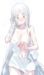 1girl absurdres bandaged_arm bandages blue_archive blush breasts collarbone commentary_request convenient_censoring grey_eyes halo highres long_hair looking_down medium_breasts nagusa_(blue_archive) navel simple_background solo take-run-atelier towel very_long_hair wet white_background white_hair white_halo