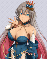 Rule 34 | 1girl, blue eyes, breasts, bridal gauntlets, chain, cleavage, collar, dark-skinned female, dark skin, dress, fate/grand order, fate (series), flower, gold chain, hair between eyes, hair flower, hair ornament, hasebe akira, large breasts, long hair, multicolored hair, nail polish, pink hair, pink nails, sleeveless, sleeveless dress, smile, solo, very long hair, zenobia (fate), zenobia (fgo fes. 2025) (fate)