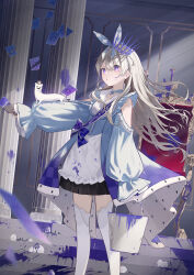 1girl alice_(alice_in_wonderland) alice_in_wonderland animal_request apron arm_at_side black_skirt blue_bow blue_choker blue_shirt bow bucket card choker clothing_cutout commentary_request crown feet_out_of_frame flower grey_hair hair_bow highres holding holding_bucket holding_paintbrush long_sleeves looking_at_viewer outstretched_arm paint paint_on_clothes paint_splatter paint_splatter_on_face paintbrush parted_lips playing_card pleated_skirt purple_crown purple_eyes rose sash shirt shoulder_cutout shoulder_sash skirt sleeves_past_wrists solo stairs standing thighhighs throne translation_request waist_apron wakuseiy white_apron white_flower white_rose white_thighhighs