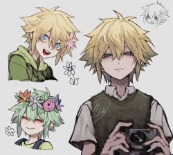 2boys antenna_hair basil_(faraway)_(omori) basil_(headspace)_(omori) basil_(omori) blonde_hair blue_eyes blue_overalls blush camera chibi closed_mouth collared_shirt flower green_hair green_raincoat green_shirt green_sweater_vest grey_background hair_flower hair_ornament half-closed_eyes head_wreath highres holding holding_camera looking_at_viewer male_focus multiple_boys omori open_mouth overalls raddy_358 raincoat shirt short_hair short_sleeves simple_background smile sweater_vest t-shirt white_shirt