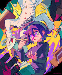 1boy artist_name black_hair black_jacket checkered_neckerchief d: danganronpa_(series) danganronpa_v3:_killing_harmony diary ewa_(seraphhuiyu) flipped_hair gakuran hair_between_eyes highres holding holding_mask holding_paintbrush jacket long_sleeves mask multiple_views neckerchief official_alternate_costume oma_kokichi open_mouth paintbrush pink_eyes purple_hair school_uniform unworn_mask white_jacket yellow_background