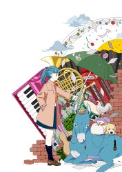 1girl absurdres acoustic_guitar animal animal_print ankle_socks aqua_flower aqua_hair bad_id bad_pixiv_id bird black_eyes black_socks blue_skirt blush brick brick_wall broken_egg brown_shoes cable cat chicken cloud daisy dog donkey drum egg egg_(food) flower flute food french_horn from_side green_umbrella guitar hand_in_pocket highres holding holding_umbrella instrument jacket keyboard_(instrument) long_hair long_sleeves maracas marigold microphone microphone_cord mouth_hold nest orange_flower original paper petals phone_booth pink_flower pleated_skirt print_clothes print_socks profile purple_flower recorder red_flower rooster shoes simple_background skirt socks solo standing tan_jacket town_musicians_of_bremen tulip umbrella white_background wide_shot yoshimon
