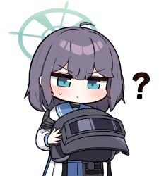 1girl ? ahoge alternate_headwear black_hair blue_archive blue_eyes commentary_request cosplay hair_between_eyes halo helmet holding holding_helmet long_sleeves pleated_skirt rabu_(blue_archive) rabu_(blue_archive)_(cosplay) saki_(blue_archive) school_uniform serafuku short_hair sidelocks simple_background skirt solo sweatdrop tagyeokgam unworn_headwear unworn_helmet v-shaped_eyebrows white_background