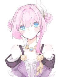 Rule 34 | 1girl, alternate hairstyle, ame 00531, bare shoulders, blue eyes, blush, breasts, coat, commentary request, cyrene (honkai: star rail), double bun, dress, hair bun, hair ornament, honkai: star rail, honkai (series), jewelry, necklace, pink hair, purple coat, short hair, simple background, small breasts, solo, upper body, white background, white dress, white hair