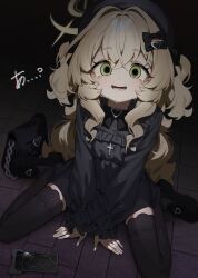 1girl absurdres ahoge alternate_costume alternate_hairstyle bag bilingual_commentary black_bag black_bow black_dress black_shoes black_thighhighs blonde_hair blue_archive bow brooch commentary_request cracked_phone cross crying dilated_pupils dress fading fluffy_hair frilled_dress frilled_sleeves frills full_body green_eyes hair_bow hair_ornament halo handbag hands_on_ground hashtag-only_commentary hat heart heart_brooch highres honi_(honi1010) jewelry loafers long_hair long_sidelocks mixed-language_commentary phone professor_niyaniya_(blue_archive) shoes side_ahoge sidelocks sitting solo thighhighs translation_request two_side_up very_long_hair wariza yellow_halo