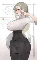 1girl apron azz0422 black_apron black_pantyhose black_skirt blonde_hair blush bra breasts brown_eyes collared_shirt highres holding holding_tray large_breasts long_hair long_sleeves nintendo open_mouth pantyhose pokemon pokemon_xy ponytail see-through_clothes see-through_shirt shirt sideboob skirt solo sweat sweatdrop tray underwear v waitress waitress_(pokemon) white_shirt