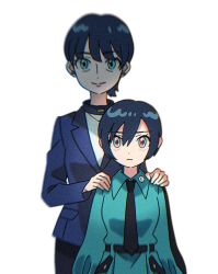 2girls alternate_hair_color amate_yuzuriha aqua_eyes aqua_shirt aqua_skirt black_hair black_necktie blue_jacket closed_mouth collared_shirt commentary dou_(mame_eee) gundam gundam_gquuuuuux hands_on_another&#039;s_shoulders hashtag-only_commentary highres jacket light_frown light_smile long_sleeves mother_and_daughter multiple_girls necktie school_uniform shirt short_hair simple_background skirt tamaki_yuzuriha white_background white_shirt