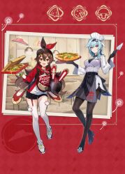 2girls absurdres amber_(genshin_impact) amber_(pizza_hut)_(genshin_impact) apron black_gloves breasts brown_hair chef chef_hat dandelion elbow_gloves eula_(genshin_impact) eula_(pizza_hut)_(genshin_impact) flower food full_body garter_straps genshin_impact gloves hair_between_eyes hair_ornament hair_ribbon hairclip hat high_heels highres holding holding_food holding_pizza long_hair long_sleeves looking_at_viewer multiple_girls official_alternate_costume official_art open_mouth pantyhose pizza pizza_hut product_placement red_ribbon ribbon shoes short_shorts shorts single_garter_strap smile thighhighs third-party_source white_gloves white_shoes white_thighhighs