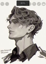 Rule 34 | 1boy, art program in frame, axis powers hetalia, cropped shoulders, en llll, facial hair, france (hetalia), french text, goatee stubble, highres, looking at viewer, male focus, profile, short hair, smile, solo, stubble, wavy hair