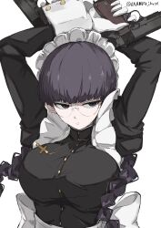 1girl absurdres arms_up artist_name black_hair black_lagoon braid breasts closed_mouth commentary_request cross cross_necklace dual_wielding expressionless finger_on_trigger glasses gloves gun handgun highres holding jewelry large_breasts long_hair m1911 maid maid_headdress necklace roberta_(black_lagoon) simple_background solo twin_braids twitter_username upper_body weapon white_background white_gloves white_gorilla_(okamoto) white_headdress