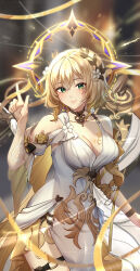 1girl absurdres aglaea_(honkai:_star_rail) ancient_greek_clothes blonde_hair blurry blurry_background breasts cleavage collarbone dress flower greco-roman_clothes green_eyes hair_flower hair_ornament highres honkai:_star_rail honkai_(series) laurel_crown looking_at_viewer narachii00 pointing pointing_up short_hair smile solo white_dress