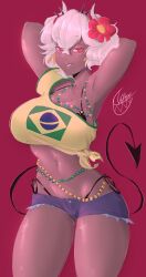 1girl absurdres beelzebub_(helltaker) belly_chain bikini bikini_under_clothes black_tail blue_shorts brazilian_flag brazilian_flag_print brazilian_miku brazilian_miku_(cosplay) breasts cleavage cosplay cowboy_shot demon_girl demon_tail flag_print flower freckles hair_flower hair_ornament hatsune_miku helltaker highres horns jewelry large_breasts looking_at_viewer midriff navel necklace notherd off-shoulder_shirt off_shoulder parted_lips print_shirt red_background red_eyes red_flower shirt short_hair shorts signature solo swimsuit tail tied_shirt vocaloid white_hair white_horns yellow_shirt