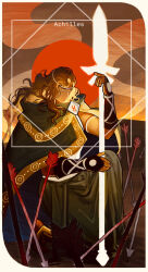 1boy achilles_(hades) anklet armlet arrow_(projectile) barefoot blonde_hair border cape character_name closed_eyes commentary english_commentary english_text full_body hades_(series) hades_1 highres holding holding_polearm holding_weapon jewelry long_hair male_focus on_one_knee polearm solo tworain_w weapon white_border