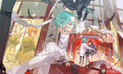 2boys aqua_hair bird chenchuanzhiyuan highres male_focus multiple_boys original pants pointy_ears purple_eyes red_hair short_hair sitting window