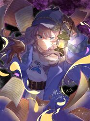 Rule 34 | 1girl, absurdres, belt, blue coat, blue eyes, blue neckerchief, brown belt, brown gloves, brown hair, character name, closed mouth, coat, dark background, dated, dress, flying paper, gloves, grey hat, hands up, hat, highres, holding, holding lantern, jiayi v, lantern, long hair, looking at viewer, marcus (reverse:1999), neckerchief, newsboy cap, outstretched hand, paper, reverse:1999, scarf, solo, tearing up, upper body, white dress, white scarf