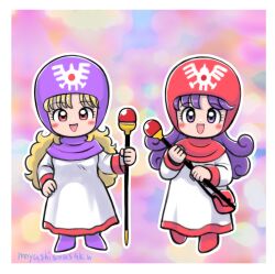 blonde_hair blush commentary_request curly_hair dragon_quest dragon_quest_ii dress dual_persona highres hood long_hair long_sleeves moyapippi open_mouth princess princess_of_moonbrook purple_eyes purple_hair red_eyes robe smile staff twitter_username white_robe
