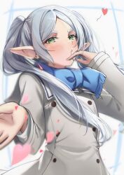 1girl absurdres blowing_kiss blue_scarf buttons commentary earrings elf frieren frieren_blowing_a_kiss green_eyes grey_hair heart highres jewelry long_hair long_sleeves looking_at_viewer phoebe_(pixiv_55159801) pointy_ears scarf solo sousou_no_frieren twintails