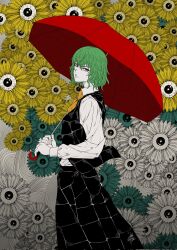 Rule 34 | 1girl, commentary request, expressionless, flower, green hair, highres, kazami yuuka, limited palette, looking at viewer, skirt, solo, sunflower, touhou, umbrella, yamada satoshi