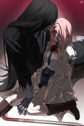 Rule 34 | 1boy, 1girl, absurdres, bbabbamis2, black hair, black kimono, blood, blood from mouth, blood on clothes, blood on face, boots, coat, commentary request, hair over one eye, heroine (homicipher), highres, homicipher, hug, injury, japanese clothes, kimono, korean commentary, long hair, mr. crawling, open clothes, open coat, pink hair, raincoat, red background, red eyes, school uniform, shirt, sitting, skirt, very long hair, white shirt