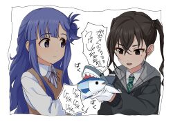 Rule 34 | 2girls, asari nanami, black eyes, black hair, blue eyes, blue hair, crossed bangs, fish, hair between eyes, hand puppet, highres, idolmaster, idolmaster cinderella girls, kakki (kackie), mole, mole under eye, multiple girls, necktie, puppet, school uniform, shark, sidelocks, simple background, sunazuka akira, twintails, white background