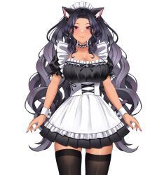 Rule 34 | 1girl, absurdres, animal ear fluff, animal ears, apron, black bow, black dress, black hair, black thighhighs, bow, breasts, cat ears, cat girl, closed mouth, collarbone, dress, ear bell, ear bow, highres, landacdeus, large breasts, long hair, maid headdress, mole, mole on breast, mole under eye, multiple moles, nijisanji, nijisanji en, red eyes, red nails, scarle yonaguni, solo, tan, thighhighs, transparent background, two-tone nails, white apron, white nails, white wrist cuffs, wrist cuffs