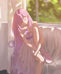 1girl alternate_costume breasts chinese_commentary closed_eyes closed_mouth commentary_request dress earrings elf elysia_(honkai_impact) highres honkai_(series) honkai_impact_3rd indoors jewelry large_breasts long_hair pink_hair pointy_ears sitting solo very_long_hair white_dress yiqi_kancho