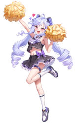 1girl ahoge alternate_costume arm_up bare_arms bare_shoulders black_shirt black_skirt bow breasts cheerleader commentary crop_top crop_top_overhang fang full_body hair_bow hand_up heart heart-shaped_pupils highres holding holding_pom_poms kneehighs leg_up long_hair looking_at_viewer midriff miniskirt mole mole_under_eye navel nay open_mouth pom_pom_(cheerleading) pom_poms purple_hair ringlets shirt shoes simple_background skirt sleeveless sleeveless_shirt small_breasts smile sneakers socks solo stomach symbol-shaped_pupils thigh_strap twintails very_long_hair vivian_banshee white_background white_socks zenless_zone_zero