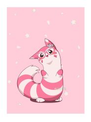 alternate_color animal_focus blush bright_pupils commentary english_commentary facial_mark flower furret gen_2_pokemon glasses green_eyes highres katpro995 looking_at_viewer mixed-language_commentary nintendo no_humans petals pink_background pink_petals pink_theme pokemon pokemon_(creature) shiny_pokemon smile solo standing whisker_markings white_pupils