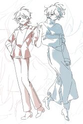 Rule 34 | 2boys, ahoge, capelet, closed mouth, coat, full body, hair over one eye, hand on own arm, harada minoru, high heels, highres, jacket, long sleeves, male focus, multiple boys, multiple monochrome, one eye closed, open clothes, open jacket, open mouth, pants, saibou shinkyoku, short hair, sketch, smile, utsugi100days, utsugi noriyuki