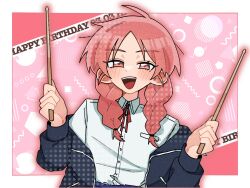 1girl :d adutiaduti0616 black_jacket blue_skirt braid breast_pocket collared_shirt commentary_request dated dress_shirt drumsticks futsuu_no_keion-bu happy_birthday highres holding holding_drumsticks jacket long_hair long_sleeves mole mole_under_eye neck_ribbon off_shoulder open_mouth parted_bangs pink_eyes pink_hair pink_theme pocket red_ribbon ribbon school_uniform shirt shirt_tucked_in skirt smile solo twin_braids twintails uchida_momo upper_body white_shirt wing_collar
