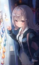 1girl absurdres azusa_(980650076) backpack bag black_shirt blurry blurry_background blush breasts brown_skirt can collared_shirt commentary_request danganronpa_(series) danganronpa_2:_goodbye_despair dress_shirt finger_gun flipped_hair galaga hair_ornament highres hood hooded_jacket jacket long_sleeves looking_at_viewer medium_breasts medium_hair monokuma nanami_chiaki neck_ribbon night open_clothes open_jacket pepsi pleated_skirt ribbon shirt shirt_tucked_in skirt smile solo vending_machine white_shirt