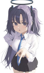 1girl absurdres black_skirt blue_archive blue_eyes blue_hair blue_necktie breasts collared_shirt commentary cowboy_shot halo hand_on_own_hip highres index_finger_raised lan001 large_breasts leaning_forward long_hair looking_at_viewer mechanical_halo necktie open_mouth pleated_skirt pointing shirt simple_background skirt sleeves_rolled_up solo two_side_up white_background white_shirt yuuka_(blue_archive)