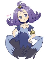 1girl :3 acerola_(pokemon) armlet closed_mouth collarbone dress hair_ornament hairclip highres jewelry looking_at_viewer mipokec nintendo pokemon pokemon_sm purple_dress purple_eyes purple_hair short_hair short_sleeves solo twitter_username white_background