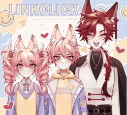 animal_ears braid closed_eyes closed_mouth fox_ears highres jewelry li_tianchen li_tianxi long_hair open_mouth pink_eyes pink_hair ponytail rakna_joseph red_hair school_uniform shiguang_dailiren shirt short_hair simple_background white_shirt xiao_weiying