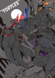 4boys absurdres bakushi_(smys2017) bandana blue_eyes brothers commentary_request donatello_(tmnt) dutch_angle english_text furry furry_male grey_background highres holding holding_nunchaku holding_staff holding_weapon katana leonardo_(tmnt) looking_at_viewer male_focus michelangelo_(tmnt) multiple_boys muscular muscular_male nunchaku orange_eyes outdoors pelvic_curtain raphael_(tmnt) sai_(weapon) shell siblings spot_color staff sword teenage_mutant_ninja_turtles teenage_mutant_ninja_turtles_(2014) turtle_boy turtle_shell weapon yellow_eyes
