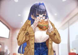 1other 5girls absurdres black_hair blue_eyes blue_hair blue_pants blurry blurry_background bread brown_coat burger cecilia_immergreen cheese coat colored_inner_hair denim eating food gigi_murin glasses hair_intakes high-waist_pants highres holding holding_burger holding_food hololive hololive_english jeans koizumi_arata koseki_bijou lettuce long_hair meat multicolored_hair multiple_girls nerissa_ravencroft official_alternate_costume ouro_kronii ouro_kronii_(casual) pants solo_focus sweater sweater_tucked_in tomato tomato_slice trench_coat virtual_youtuber white_sweater