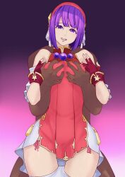1girl asamiya_athena breasts coveredcore curvy dress female_focus from_behind gloves grabbing_another&#039;s_breast groping hairband hands_on_own_chest highres large_breasts looking_at_viewer nemo pale_skin panties purple_eyes purple_hair short_hair skirt smile standing star_(symbol) the_king_of_fighters themanyoukilled thick_thighs thighs underwear undressing white_panties wide_hips