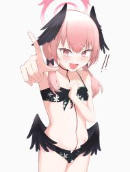 1girl absurdres ahoge angel_and_devil angel_wings bikini bird_wings black_bikini black_feathers black_wings blue_archive blush demon_wings detached_wings enariarte feathered_wings feathers flat_chest halo head_wings highres koharu_(blue_archive) koharu_(swimsuit)_(blue_archive) long_hair looking_at_viewer low_wings mini_wings open_mouth pink_eyes pink_hair pointing red_wings smile solo spread_wings swimsuit twintails white_wings wings